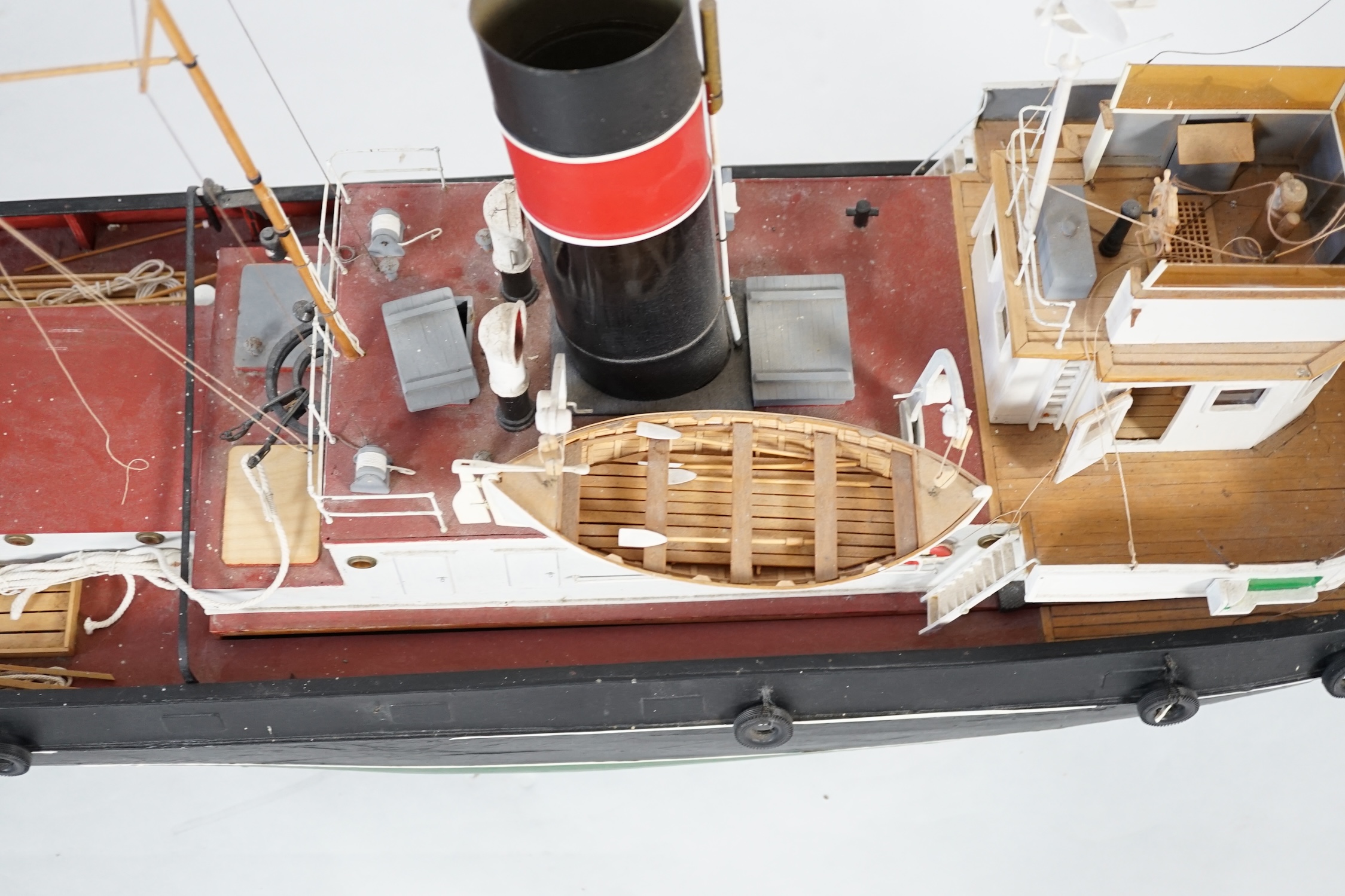 A kit built Maxwell Hemmens pond yacht style model of a 1930s Thames Tug after the firm Watkin & Sons, 150cm long